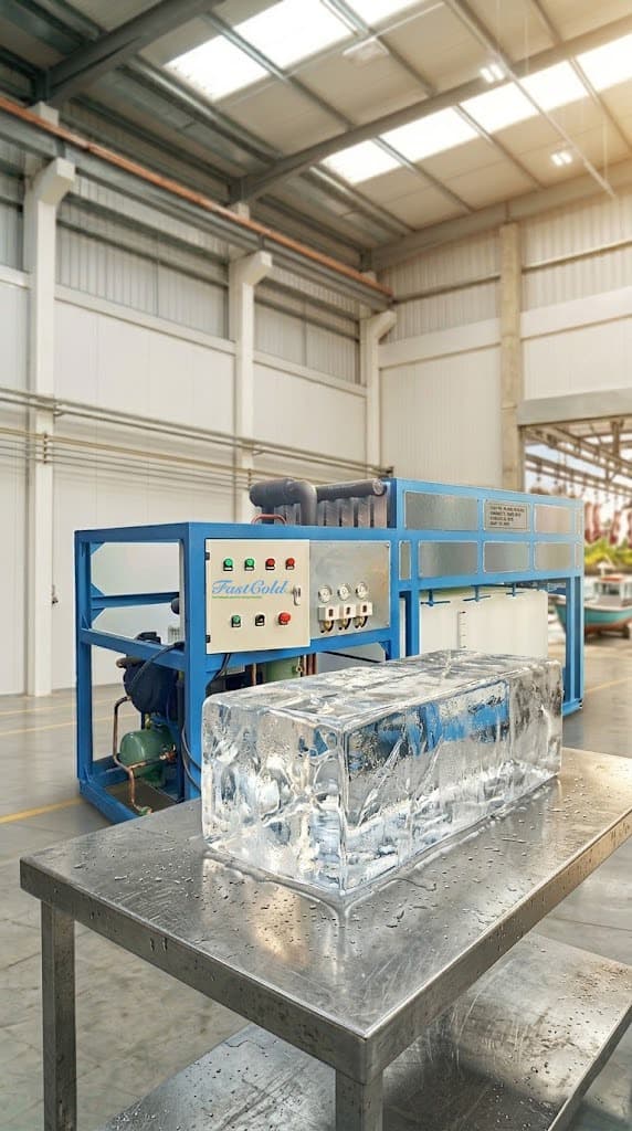 Bloque de hielo cristalino producido por una máquina FastCold