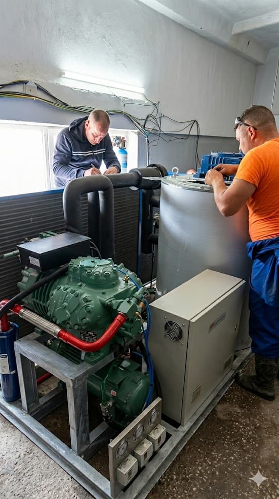 Técnicos propios de FastCold instalando una máquina de hielo en sitio